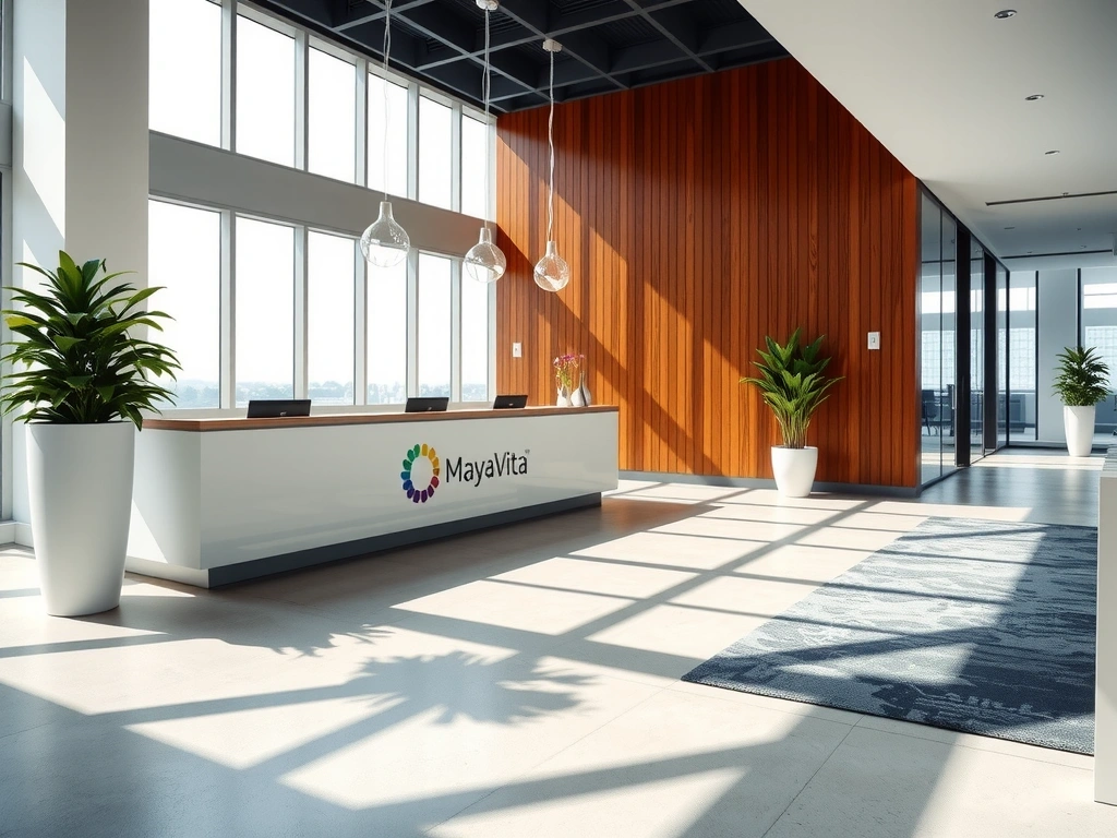 Oficina de Mayavitapro con un diseño moderno y plantas verdes, símbolo de bienestar.