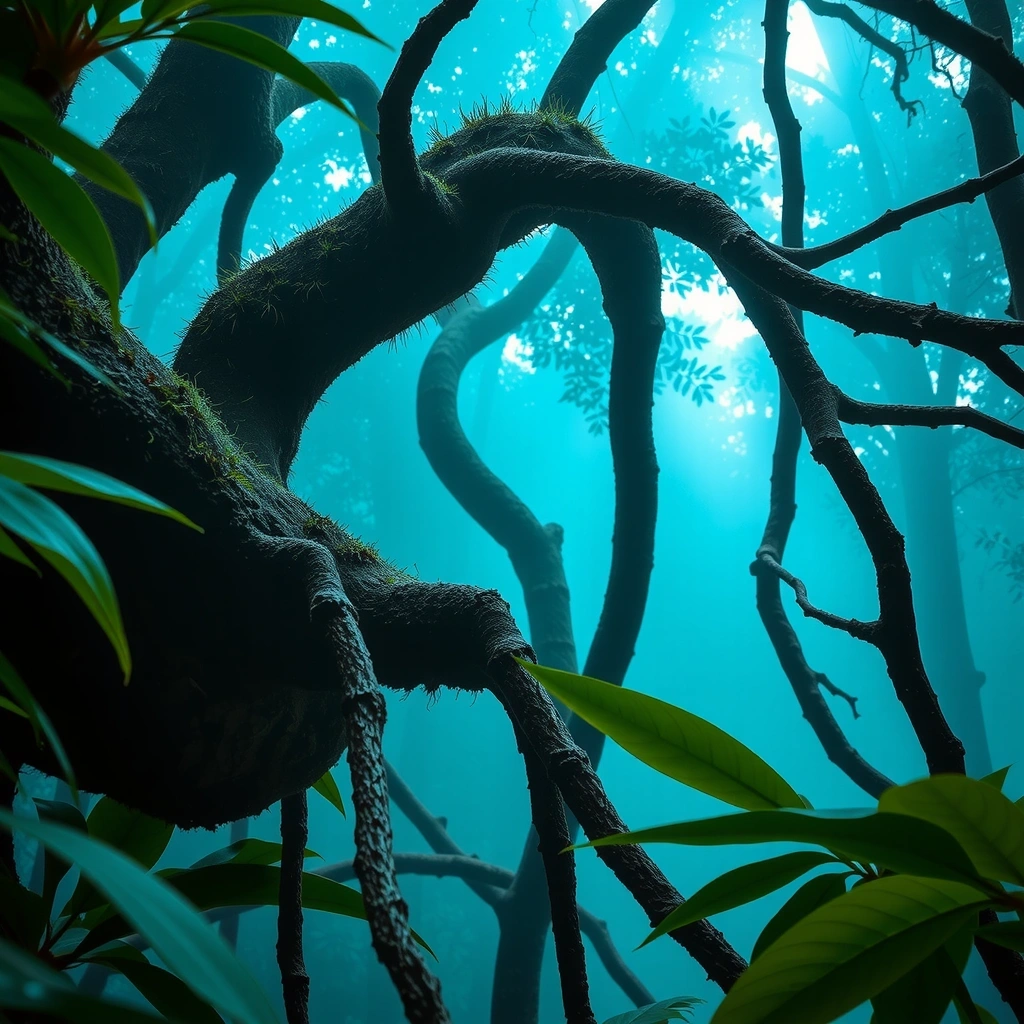 Misteriosa selva ancestral con tonos turquesa y jade, simbolizando la sabiduría de Mayavitapro.