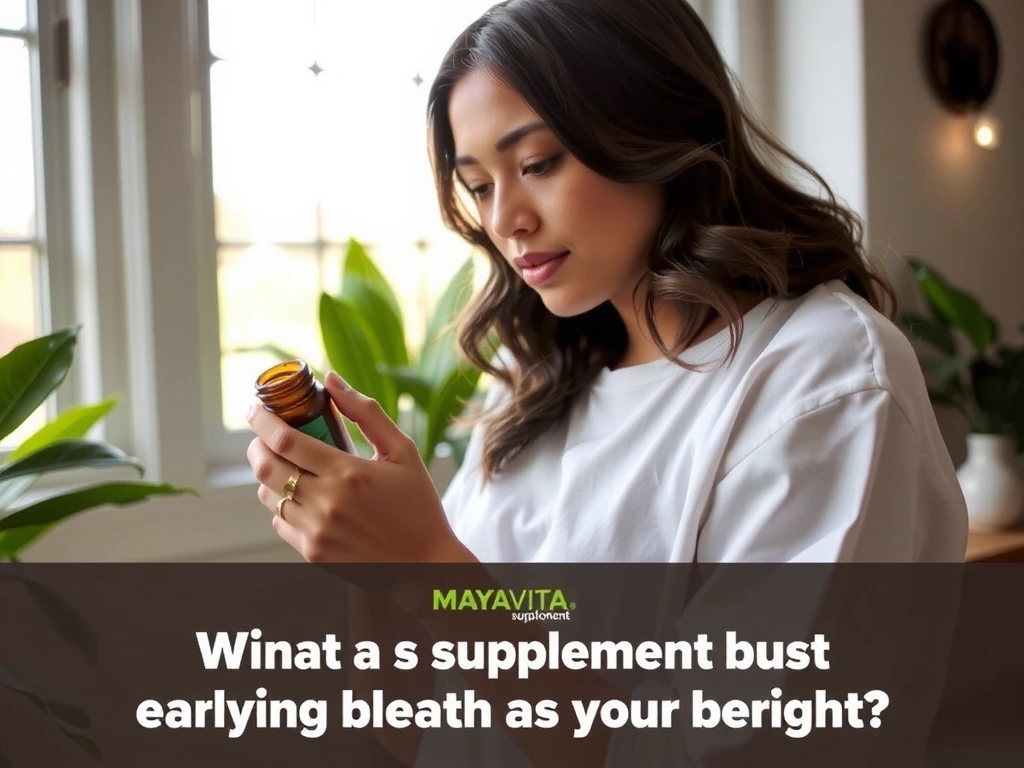 Mujer leyendo la etiqueta de un suplemento de Mayavitapro, con un ambiente natural y tranquilo de fondo.