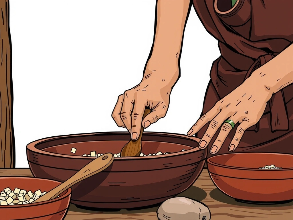 Ilustración de manos trabajando cuidadosamente en un proceso de producción artesanal, mezclando ingredientes naturales en cuencos de madera, con un enfoque en la atención al detalle y la dedicación.
