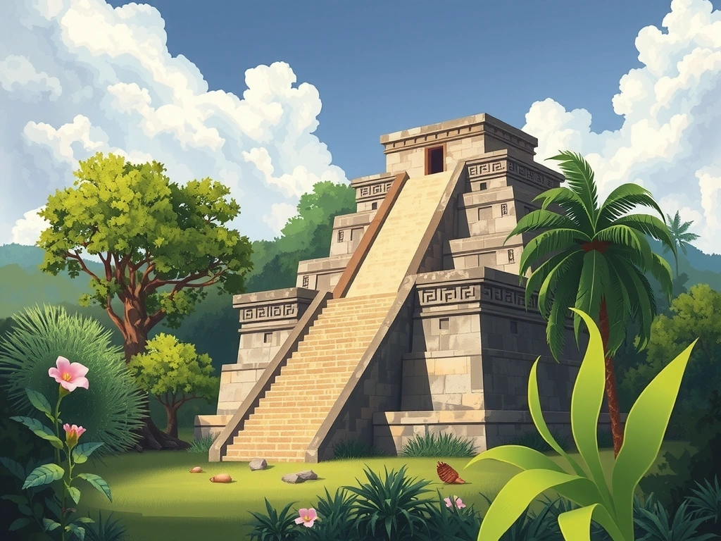 Ilustración de antiguas ruinas mayas rodeadas de exuberante vegetación y hierbas medicinales, simbolizando la conexión con la sabiduría ancestral y la naturaleza.