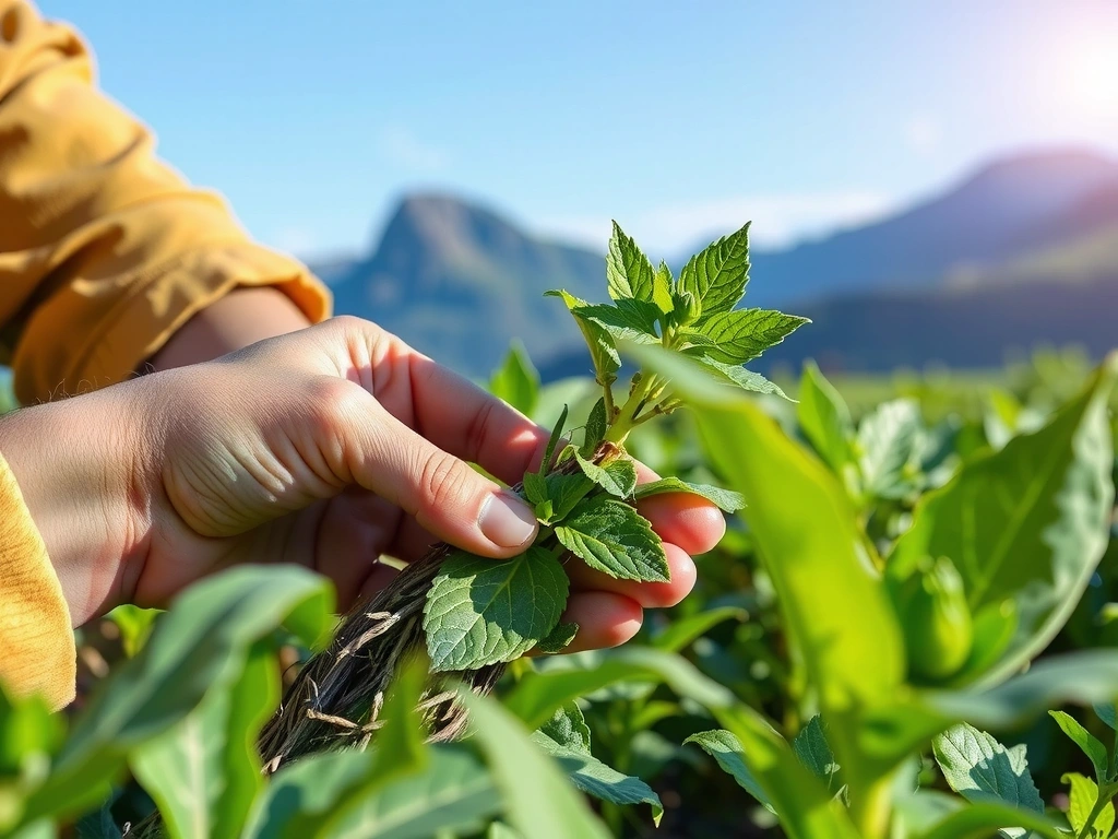 Primer plano de manos expertas cosechando hierbas medicinales frescas en un campo orgánico, con un fondo borroso de montañas y cielos azules, enfatizando el origen natural y el cuidado en la recolección.